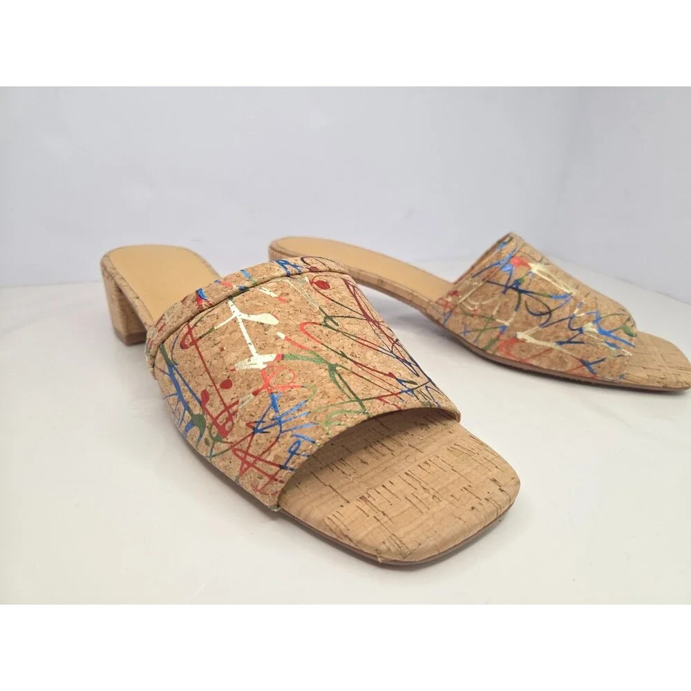 Chocolat Blu Cindy Cork Sandals Paint Splatter Graffiti Heeled Mules Sz 9 NWOB